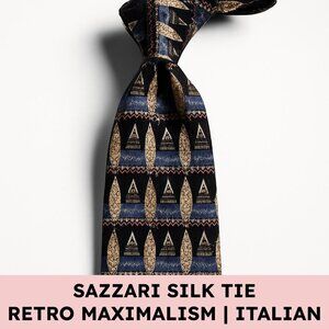 Sazzari Silk Tie Made in Italy Geometric Print Retro Maximalist Statement Piece